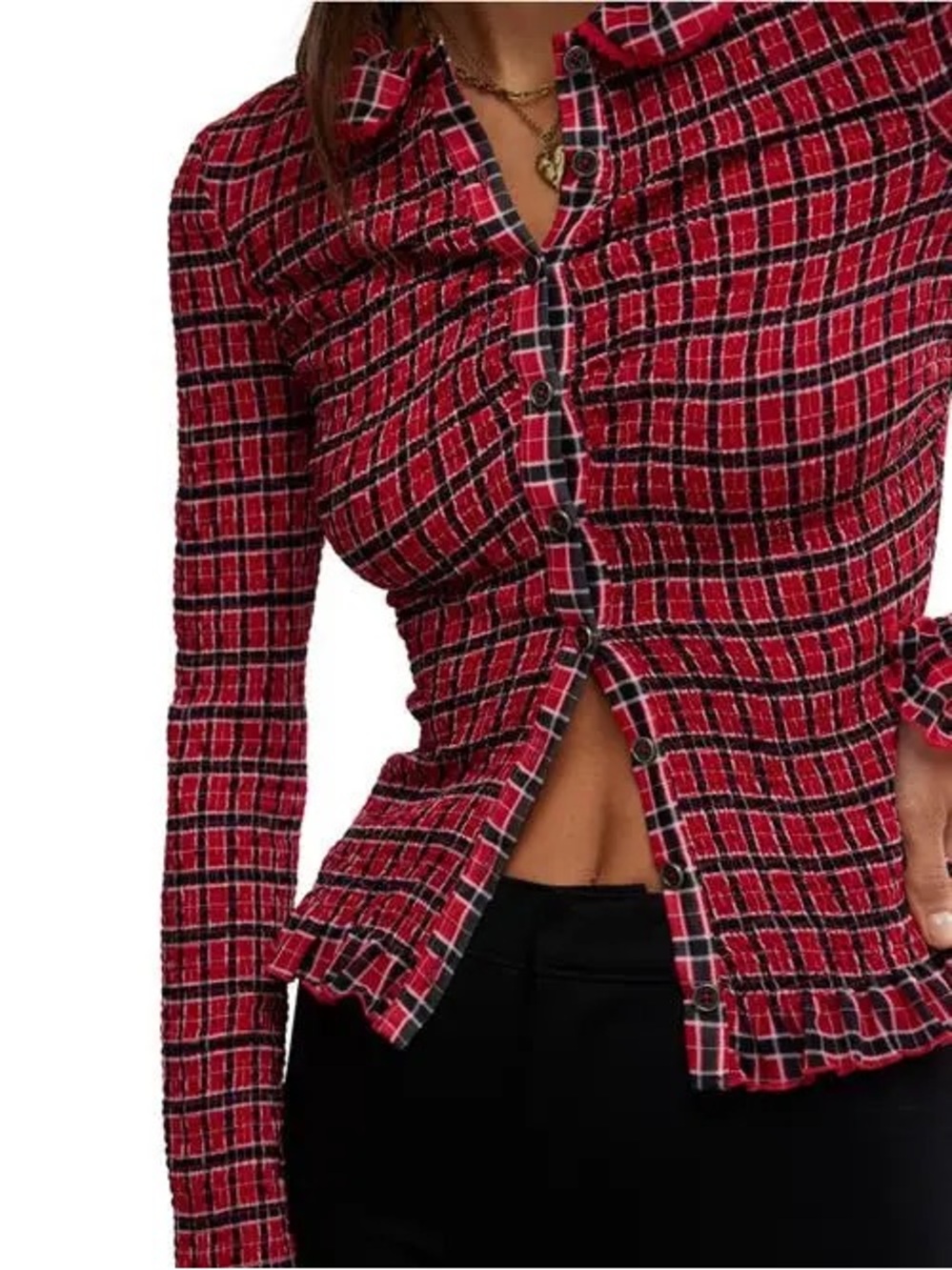 Free People Caught A Feeling Smocked Button-Up Top Shirt Size Large Red Black